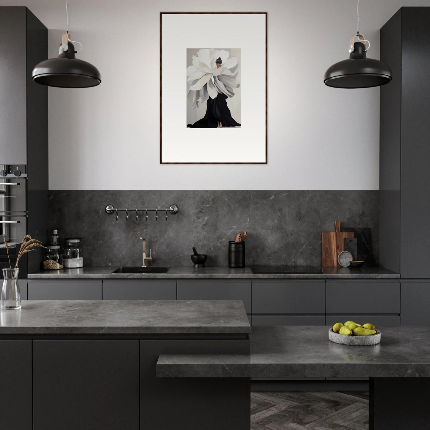 Modern kitchen with dark cabinetry and monochrome decor, inspired by Epoch Ascends