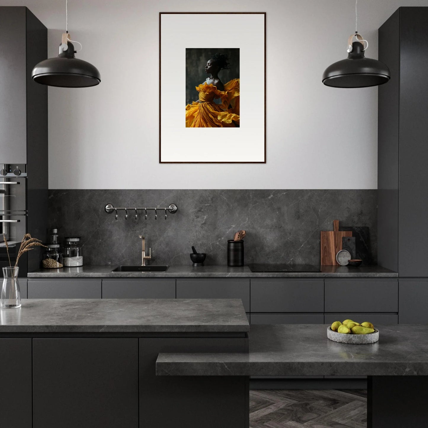 Modern kitchen with dark gray cabinetry and framed wall art, sunlit whispers decor