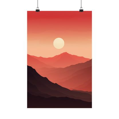 Poster depicting a sunset over mountainous landscape in warm red and orange hues.