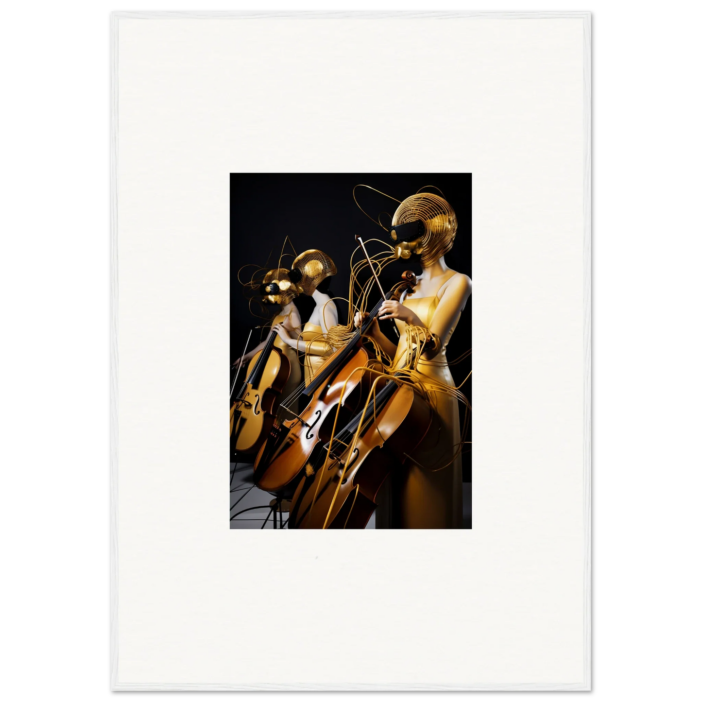 Musicians perform on cellos in dramatic lighting for Amber Crescendo wall art