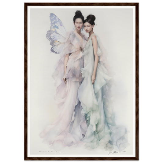 Ethereal painting of two graceful women, one with delicate butterfly wings.