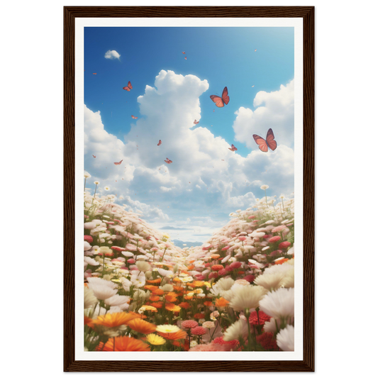 Framed artwork depicting a colorful flower field with butterflies against a cloudy sky.