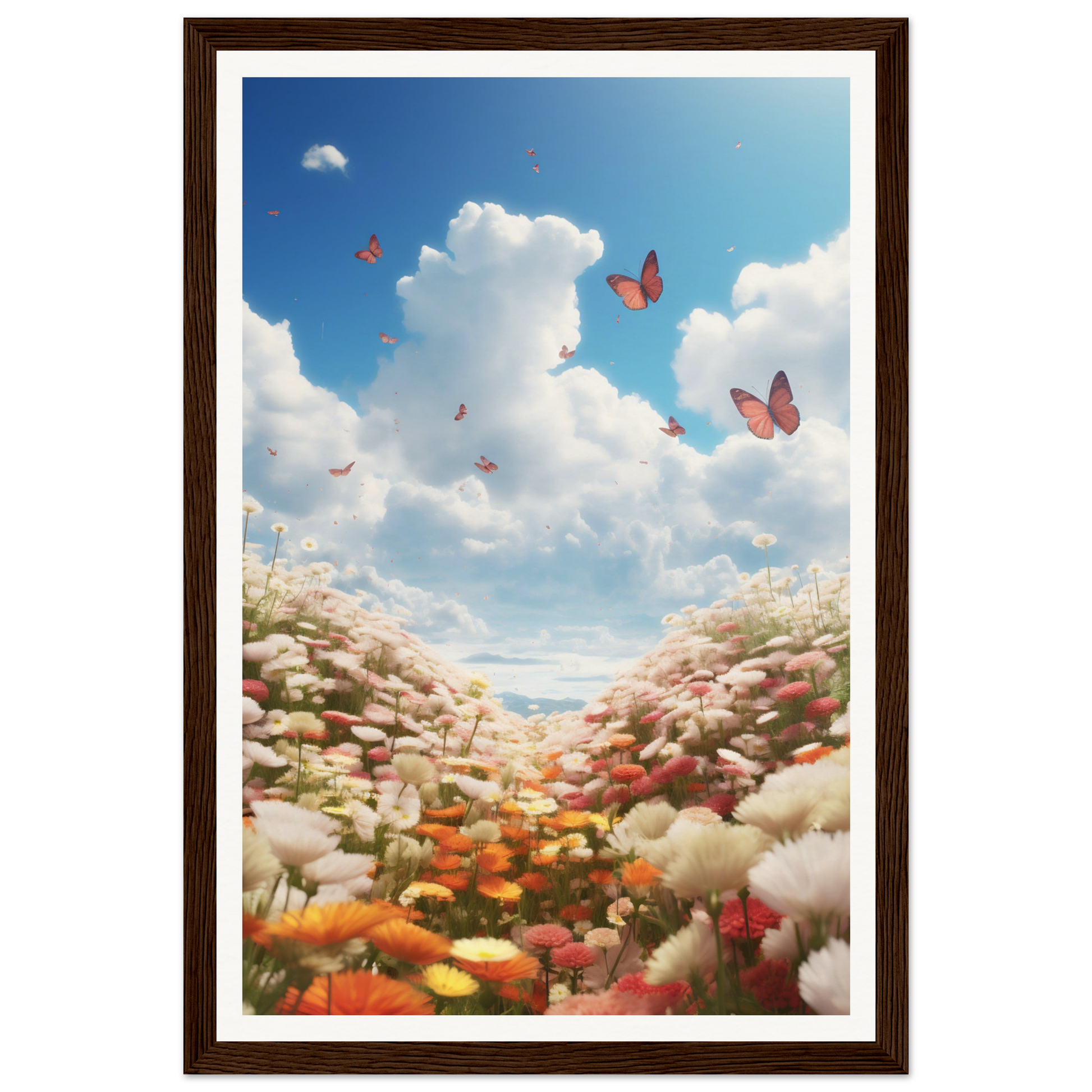 A high quality framed print of Happiness Is Flowers - Museum-Quality Matte Paper Wooden Framed Poster from The Oracle Windows™ Collection with butterflies in the sky, perfect for fashion wall art enthusiasts.