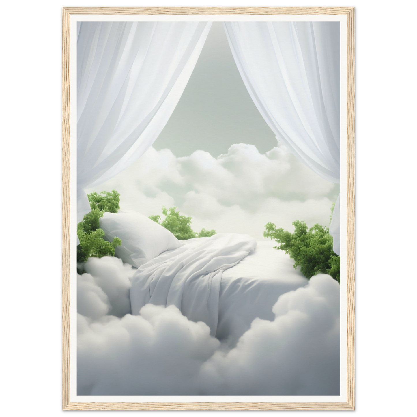 A bed made of clouds with white curtains and green foliage peeking through.