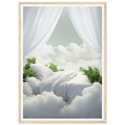 A bed made of clouds with white curtains and green foliage peeking through.