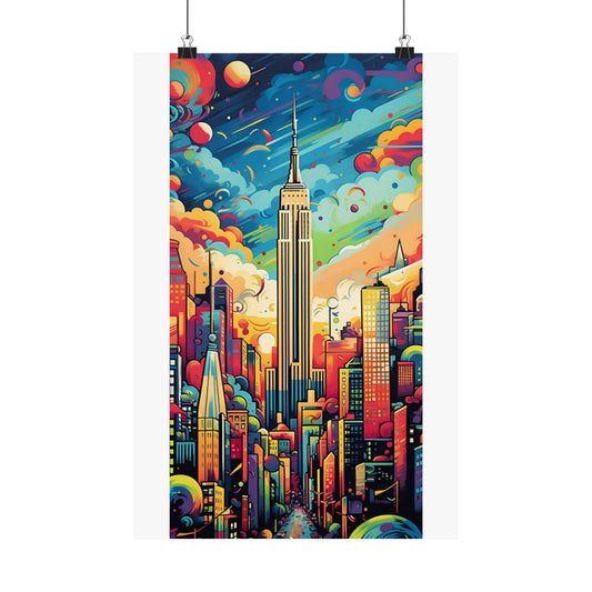 Colorful, psychedelic-style painting of the New York City skyline featuring the Empire State Building.