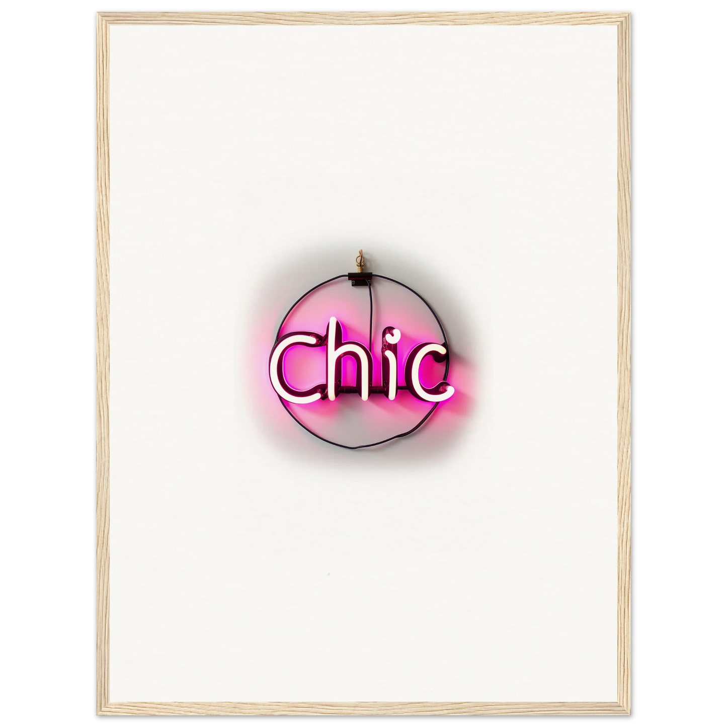 Neon pink Chic sign in circular shape as framed wall art for stylish room decor