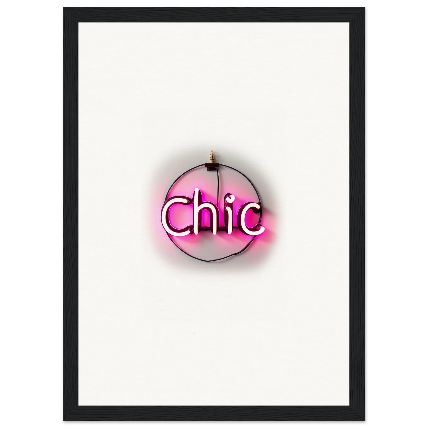 Neon pink Chic sign in a circle as framed wall art for stylish room decor