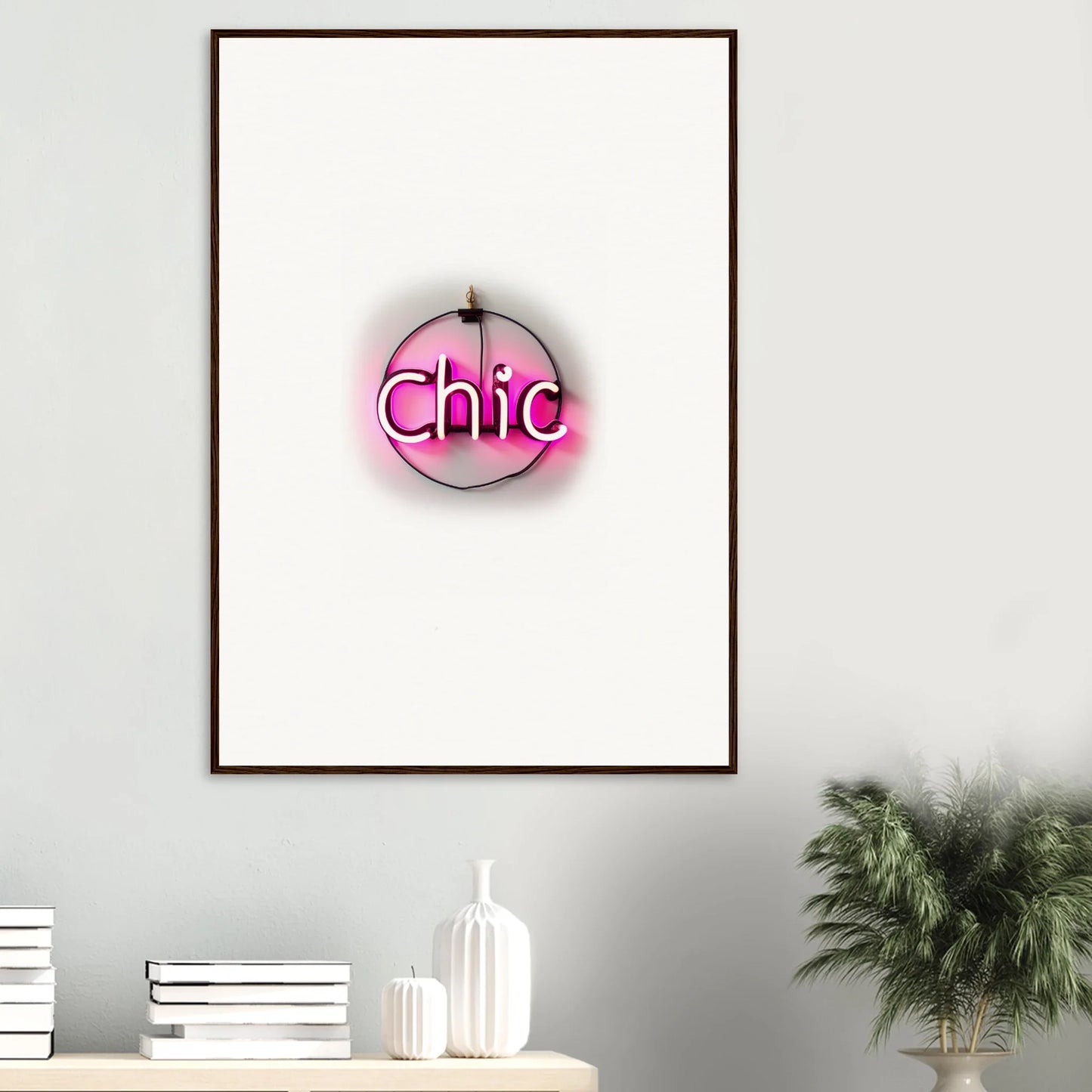 Neon pink circular sign with Chic in glowing letters for stylish room decor