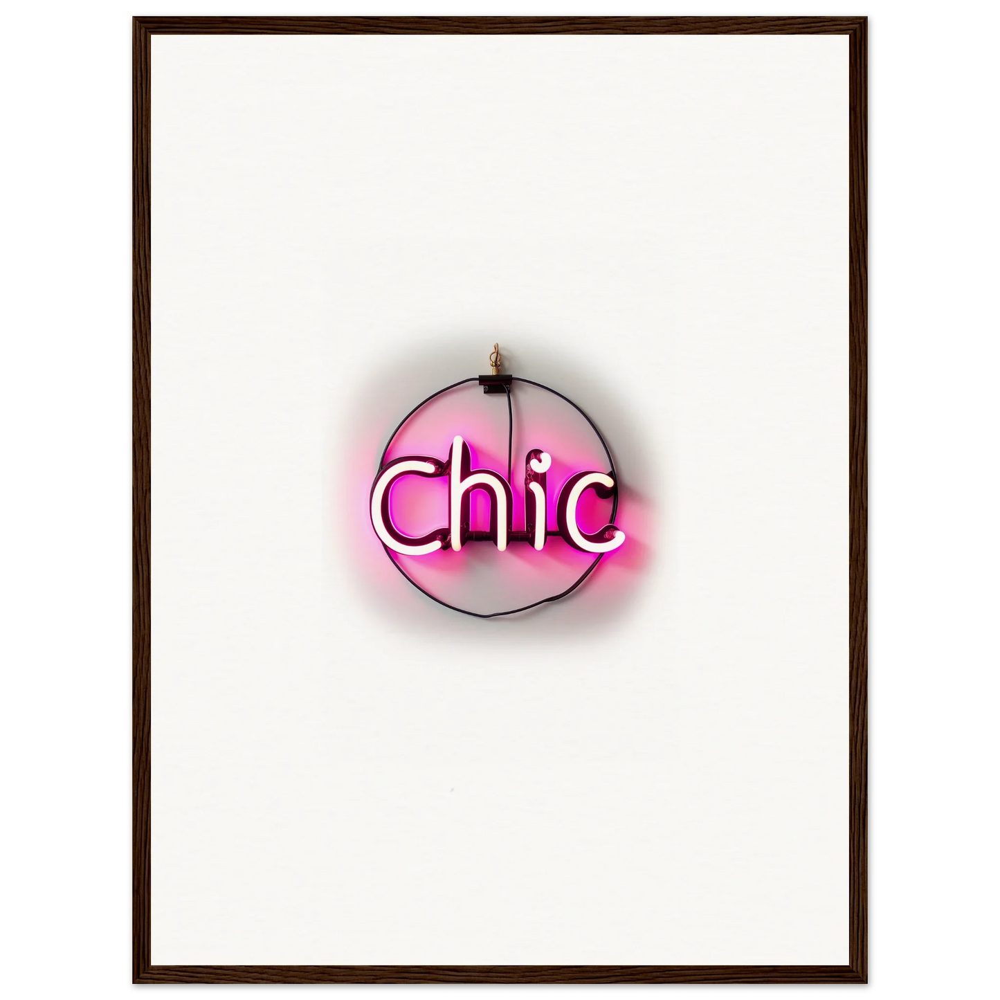 Neon pink Chic sign in circular frame for trendy room decor and framed wall art