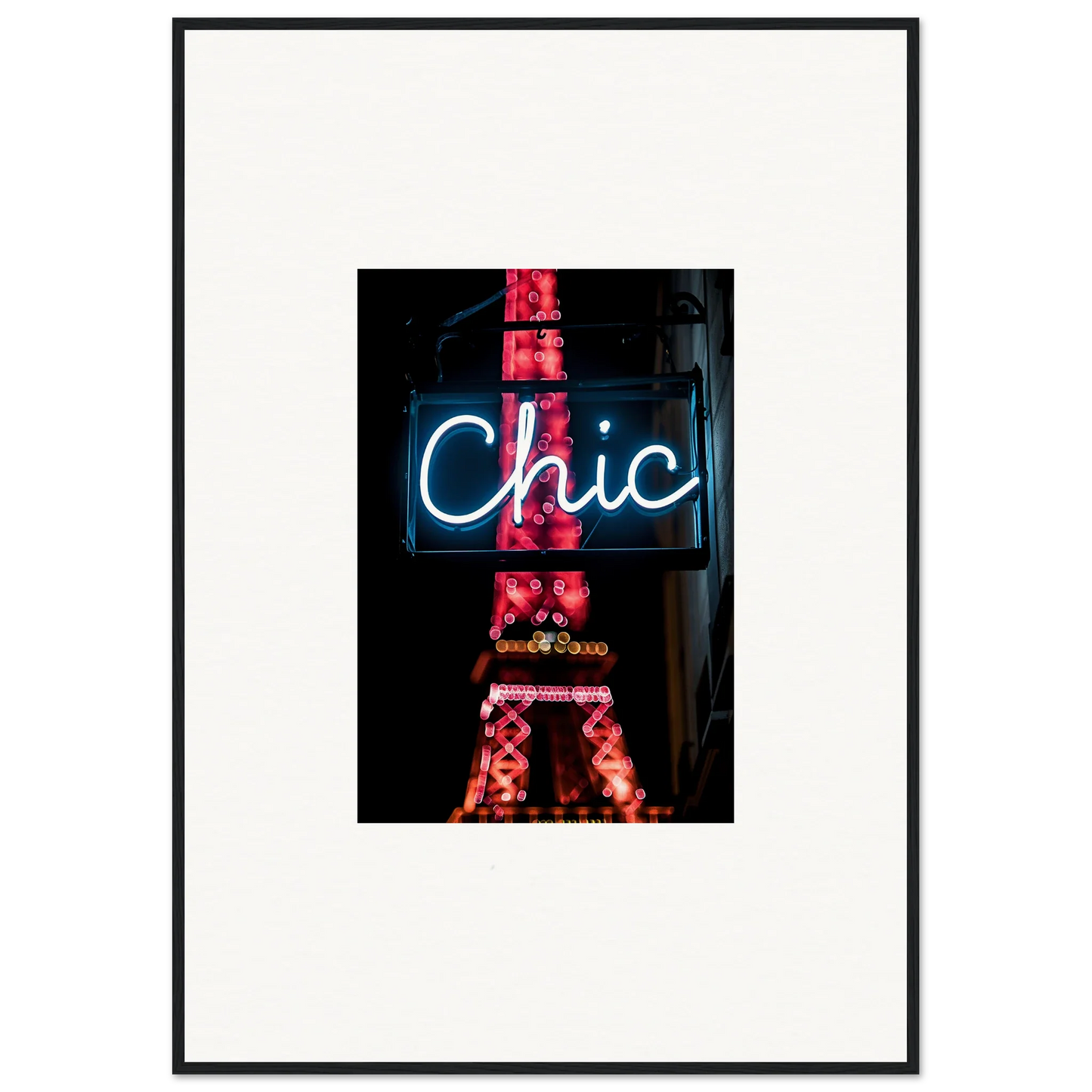 Neon Chic sign over red Eiffel Tower silhouette for Paris dreams room decor