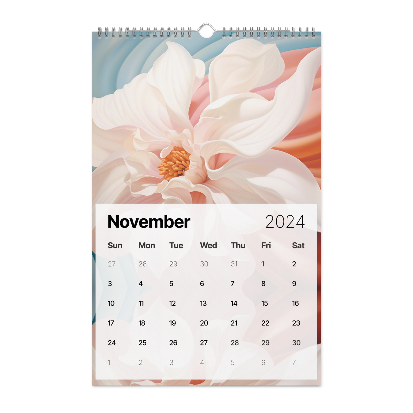 A stylish Flowers Are Magic - Wall calendar (2024) featuring artwork of a white flower.