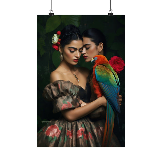 Portrait of two women with a colorful parrot and floral elements.