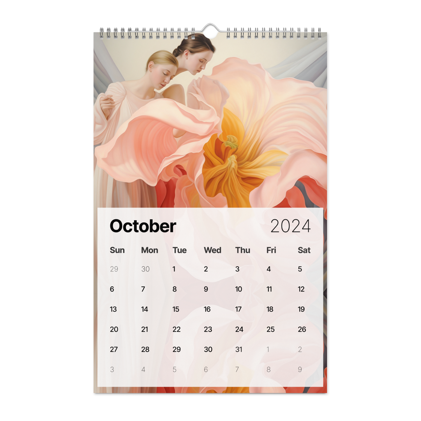 A stylish Flowers Are Magic - Wall calendar (2024) adorned with beautiful flowers and artwork featuring two women.