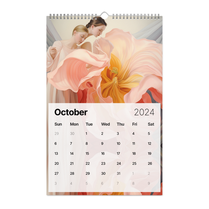 A stylish Flowers Are Magic - Wall calendar (2024) adorned with beautiful flowers and artwork featuring two women.