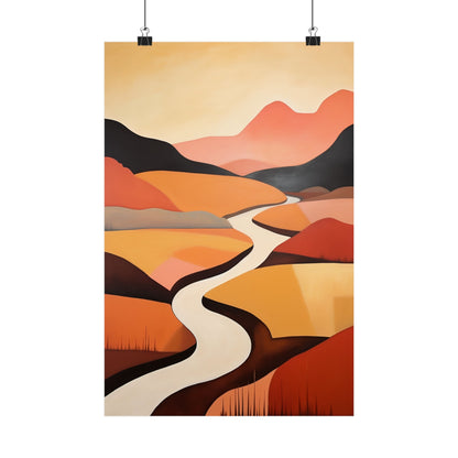 Abstract landscape painting featuring a winding river through colorful mountains and hills.