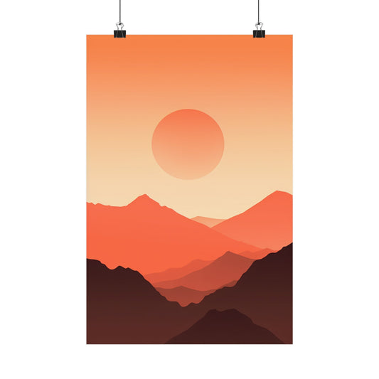 Minimalist landscape poster depicting a sunset over mountain silhouettes in warm orange tones.