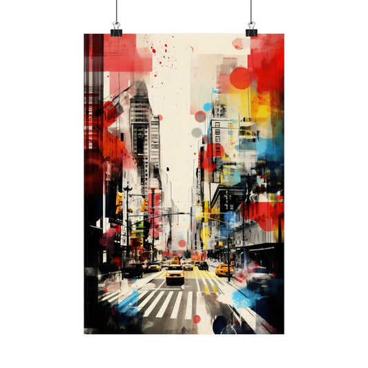 Abstract cityscape painting featuring vibrant splashes of color and a busy urban street scene.