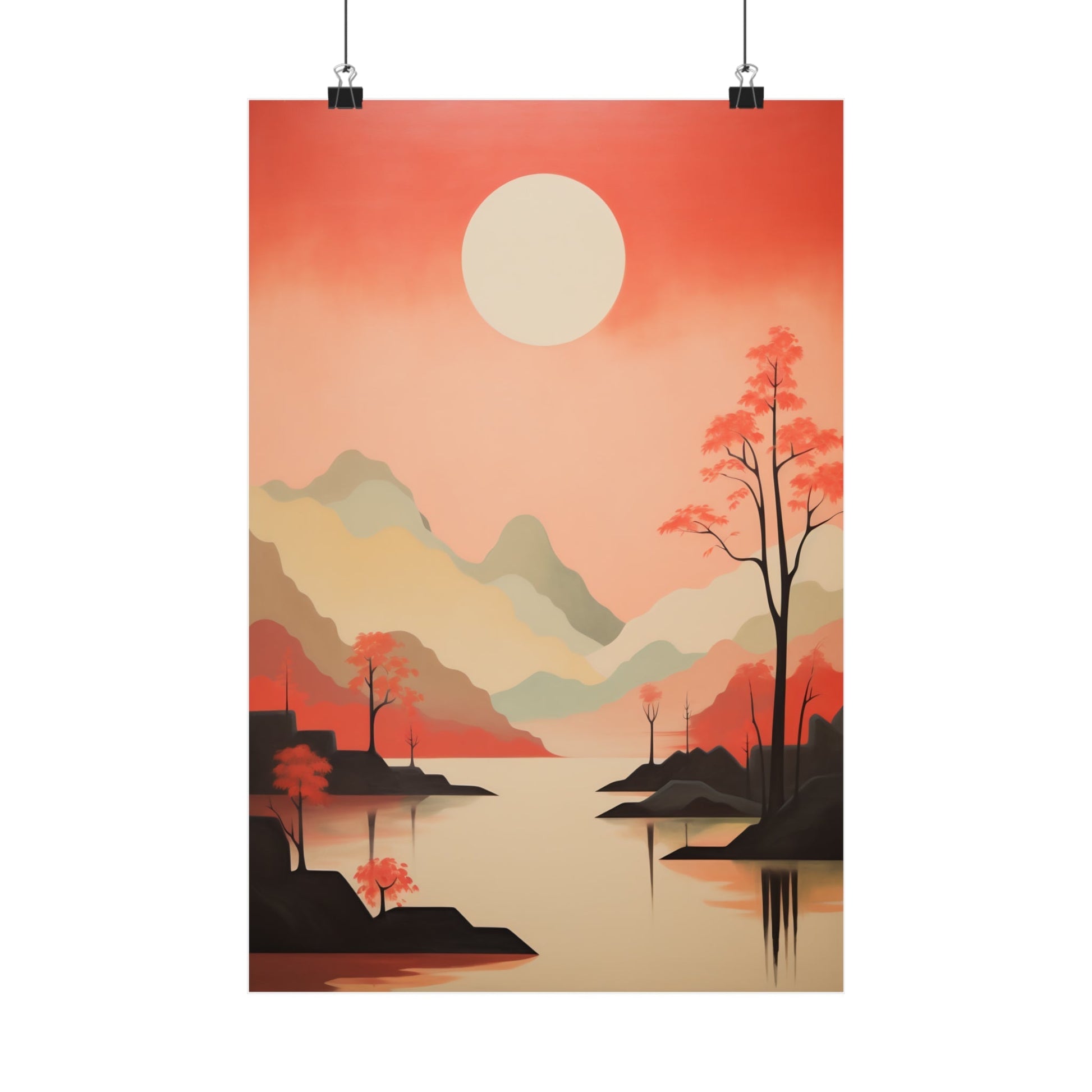 Poster depicting a serene sunset landscape with mountains, trees, and a lake in warm orange and red hues.