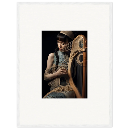 Elegant person playing an ornate golden harp, perfect for Velvet Fantasia room decor