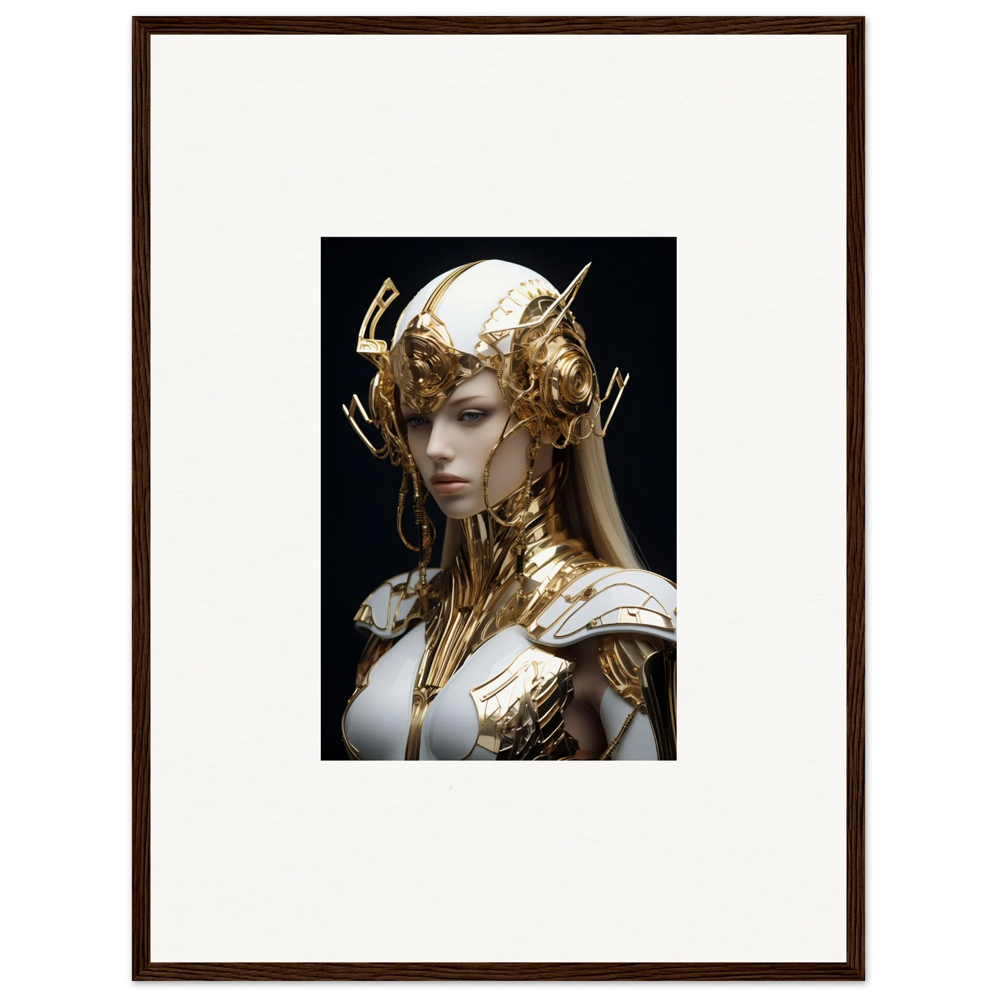 Ornate golden Elo Crowne headdress and armor as framed wall art for unique room decor