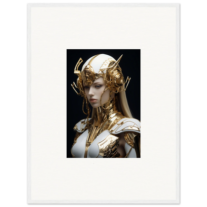 Ornate golden headdress and armor on pale figure in Elo Crowne framed wall art