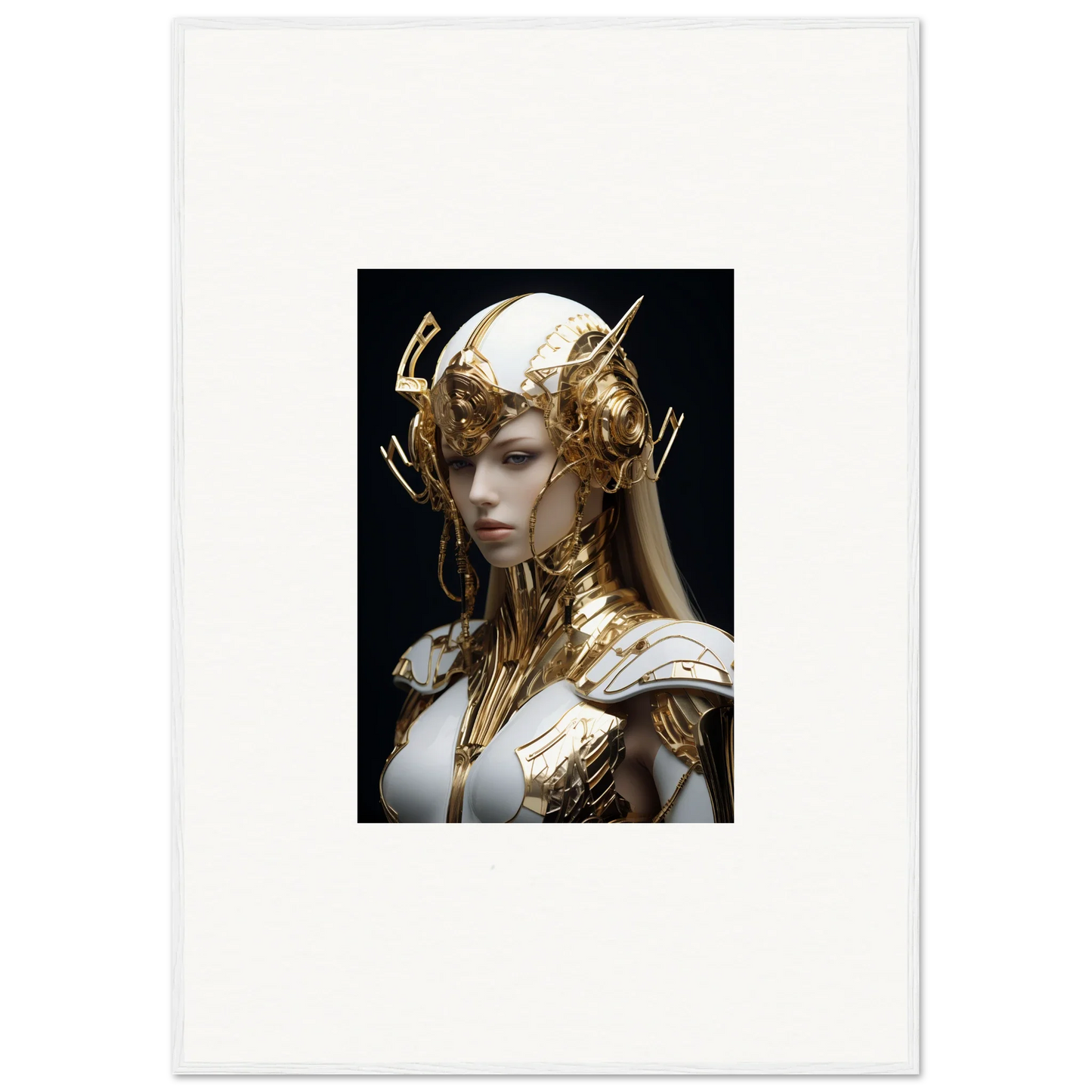 Ornate golden headdress and armor on a pale figure, perfect for Elo Crowne room decor