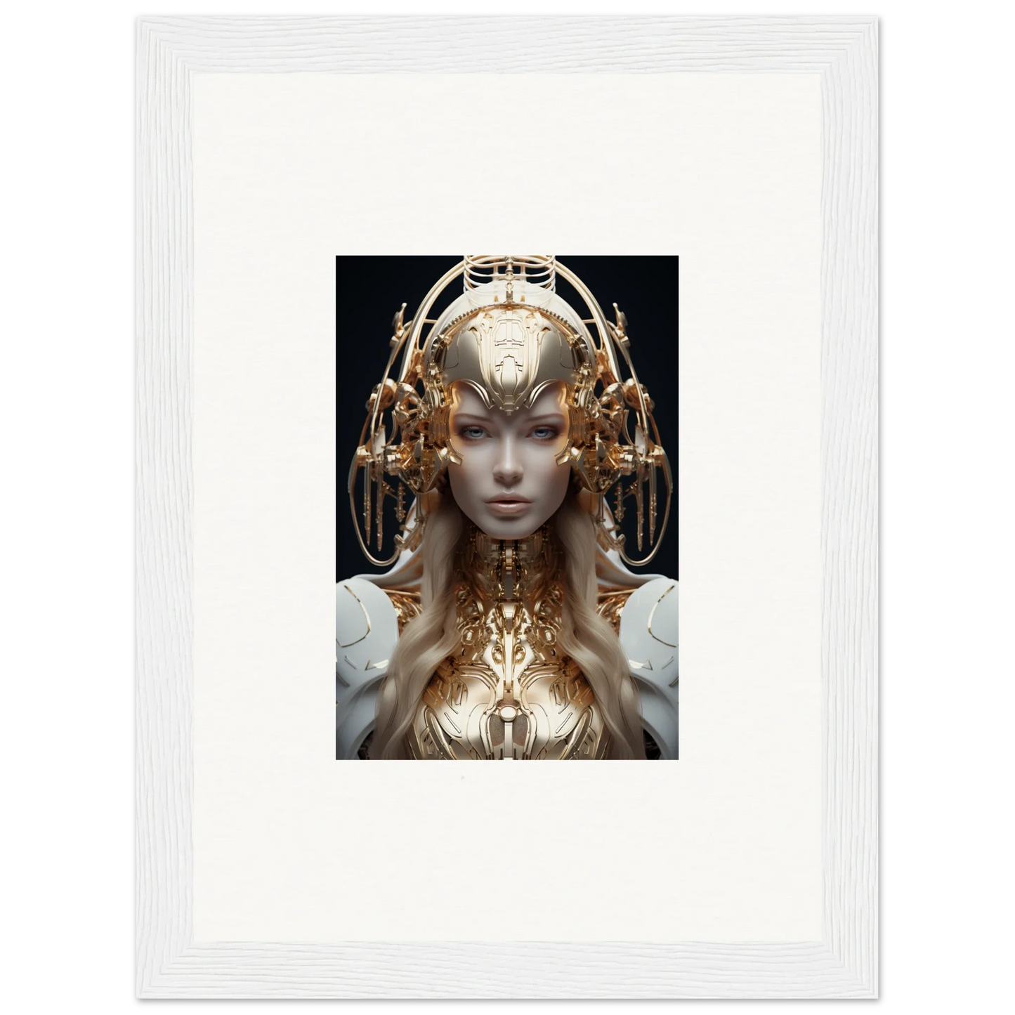 Ornate golden headdress and bodice in Golden Mind Reverie framed wall art for room decor