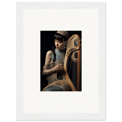 Ornate harp held by a person, perfect for Velvet Fantasia room decor or framed wall art