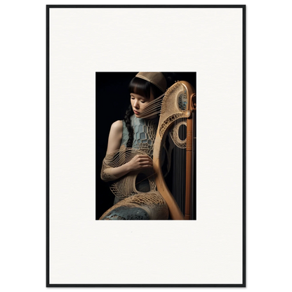 Elegant person playing an ornate harp, part of Velvet Fantasia room decor