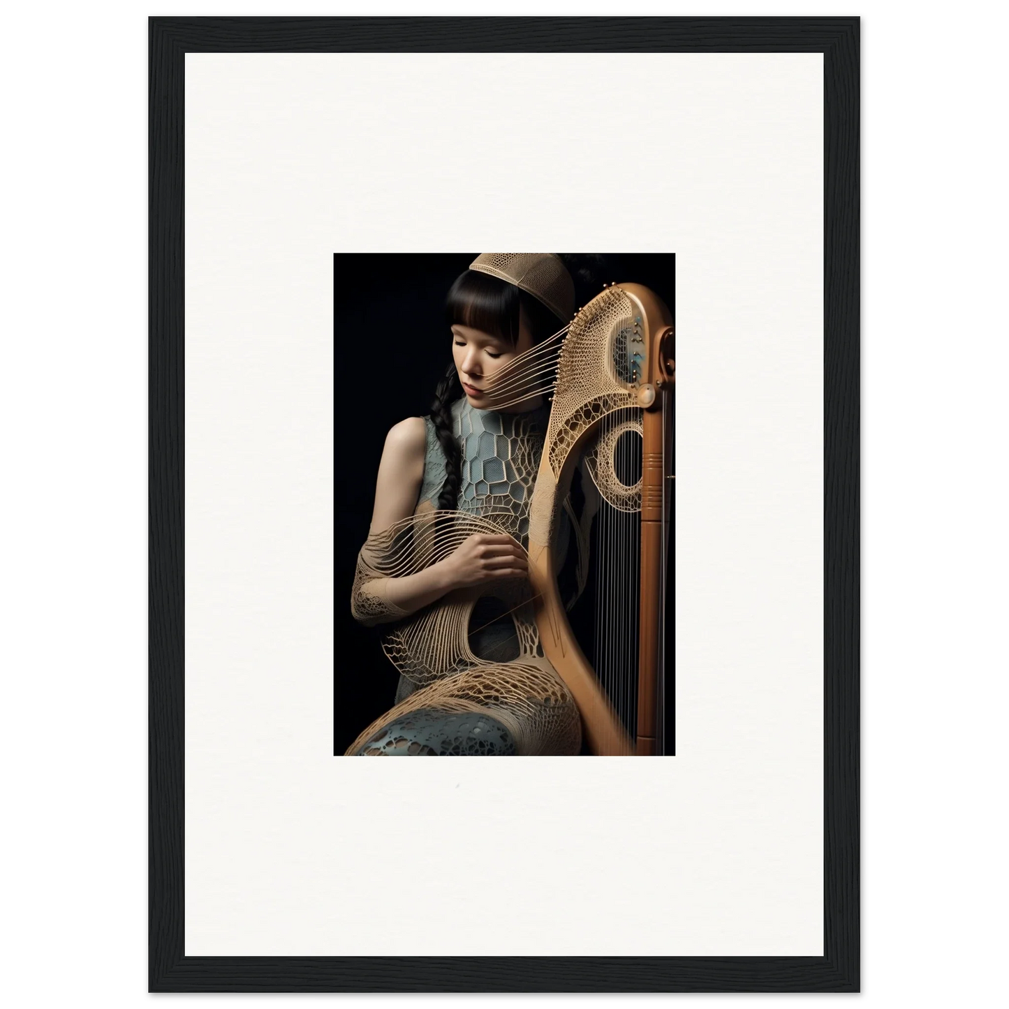 Elegant person playing ornate harp in Velvet Fantasia framed wall art for room decor