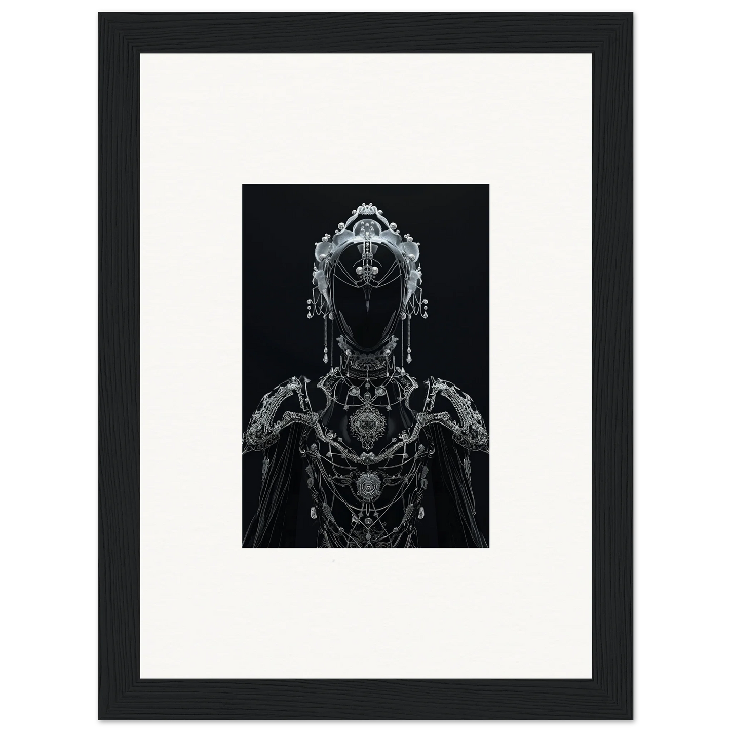 Ornate metallic cyborg figure showcased in Enigma Skein Emsembler framed wall art