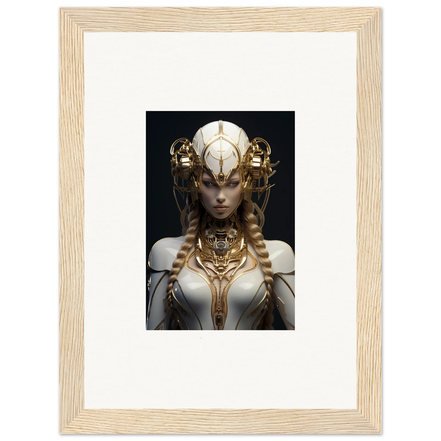 Ornate figure with golden headdress in Gilded Cosmos framed wall art for room decor