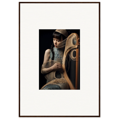 Ornate wooden harp held by a person in stylized clothing for Velvet Fantasia room decor