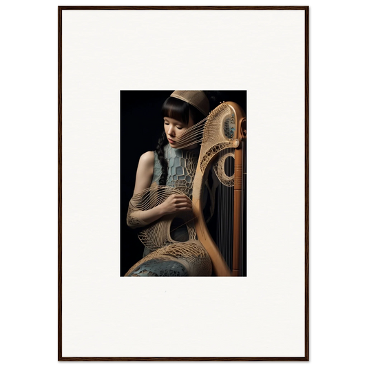 Ornate wooden harp held by a person in stylized clothing for Velvet Fantasia room decor