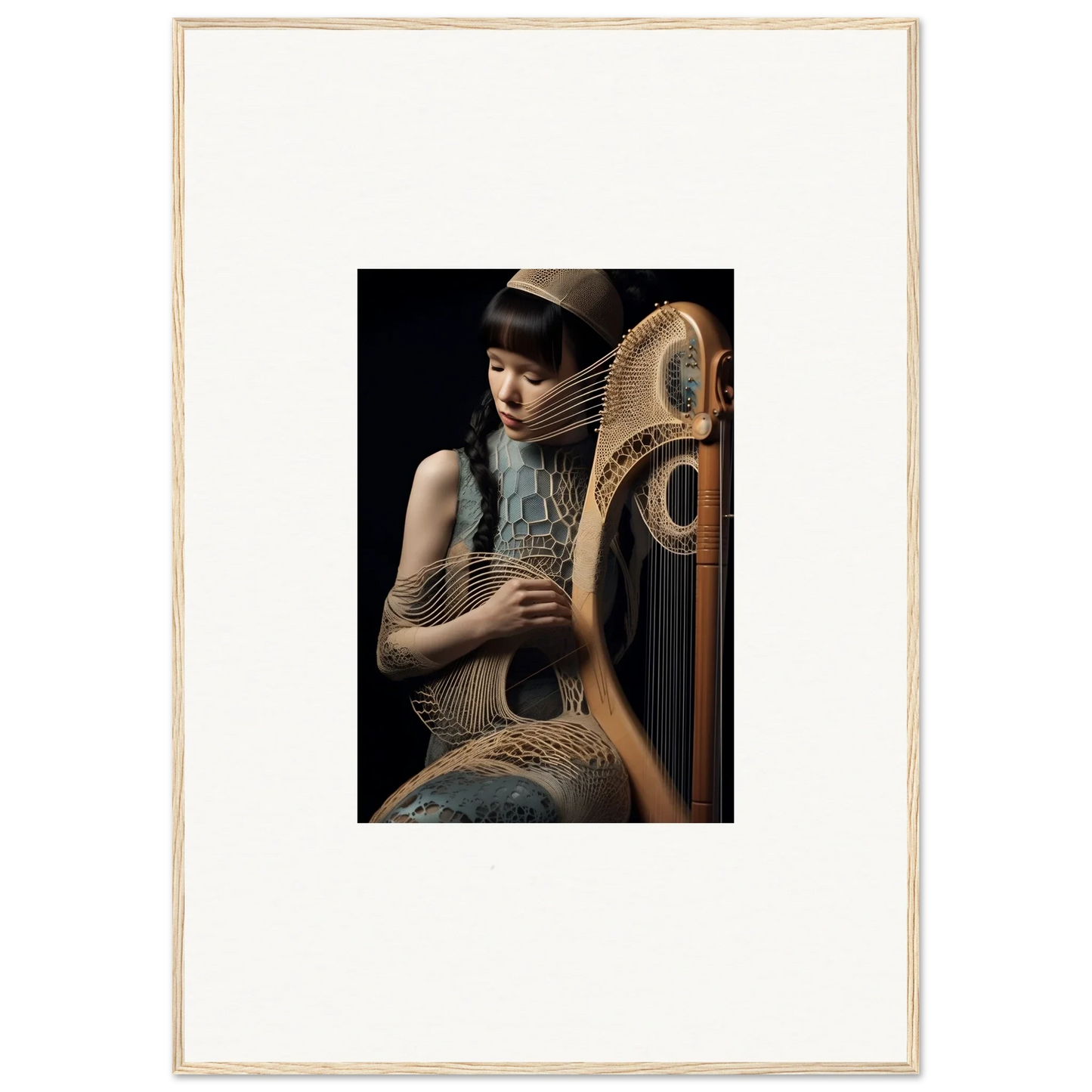 Elegant person holding an ornate wooden harp, a centerpiece for Velvet Fantasia room decor