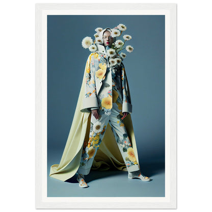 Avant-garde fashion ensemble featuring a floral-patterned coat and pants with a dramatic cape and sculptural headpiece adorned with daisy-like flowers.