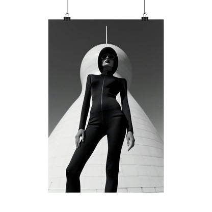 Striking black-and-white photograph of a person in a sleek black bodysuit posing dramatically beneath a curved white structure.