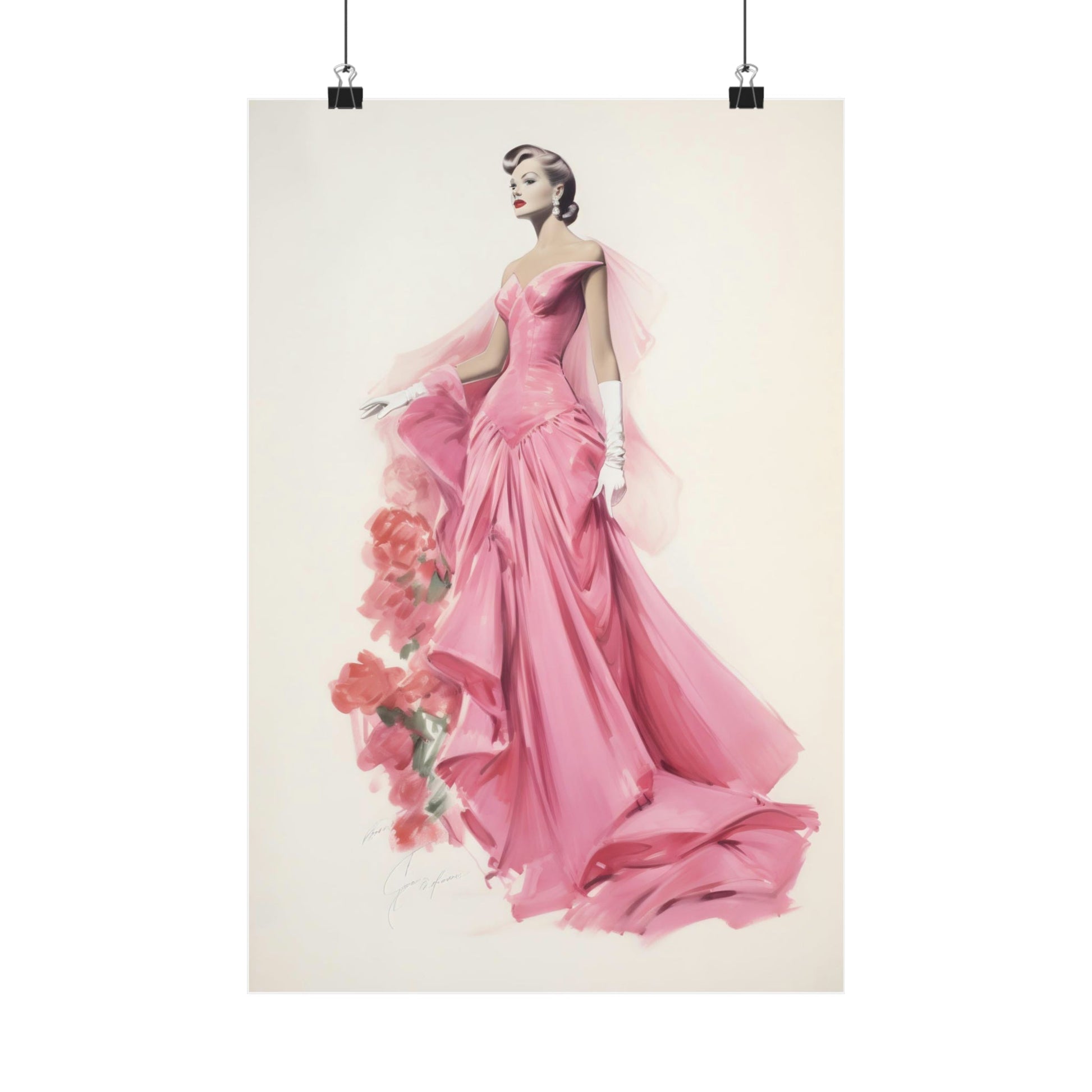 Elegant woman in a flowing pink evening gown with floral accents.