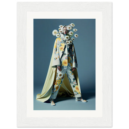 Avant-garde fashion ensemble featuring a floral-patterned robe and elaborate dandelion-inspired headpiece.