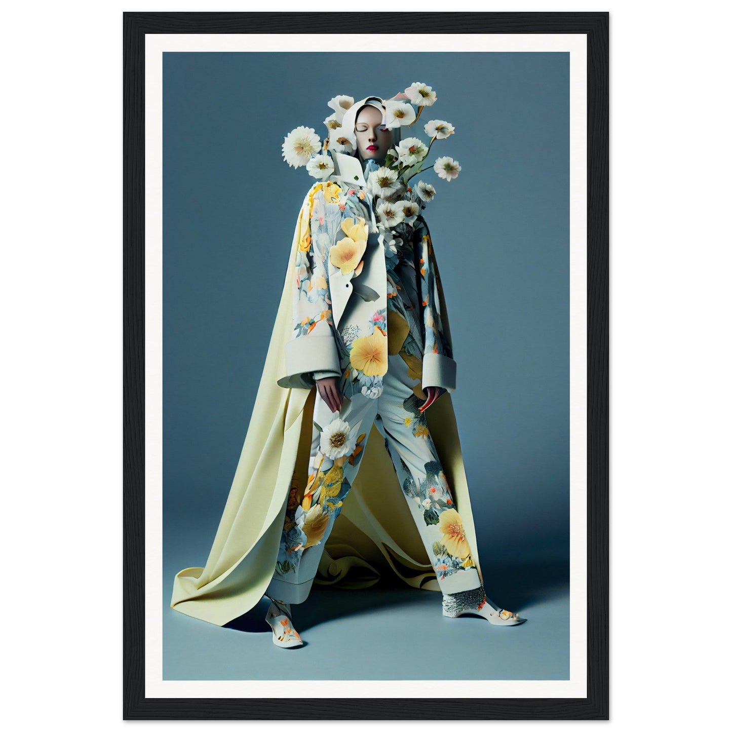 Striking fashion ensemble featuring a floral-patterned coat and pants with oversized daisy-like flowers as headpiece and accessories.