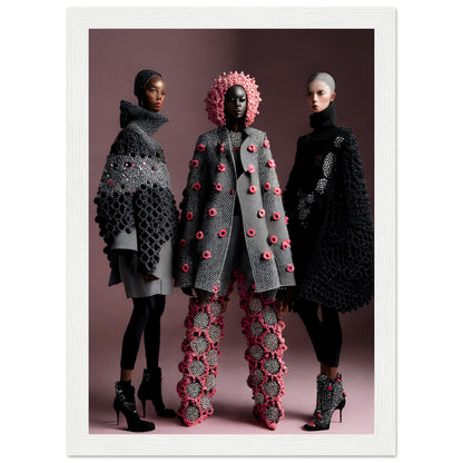 Three models are posing for high-quality Pinks And Greys Crochet Addicts The Oracle Windows™ Collection fashion wall art.