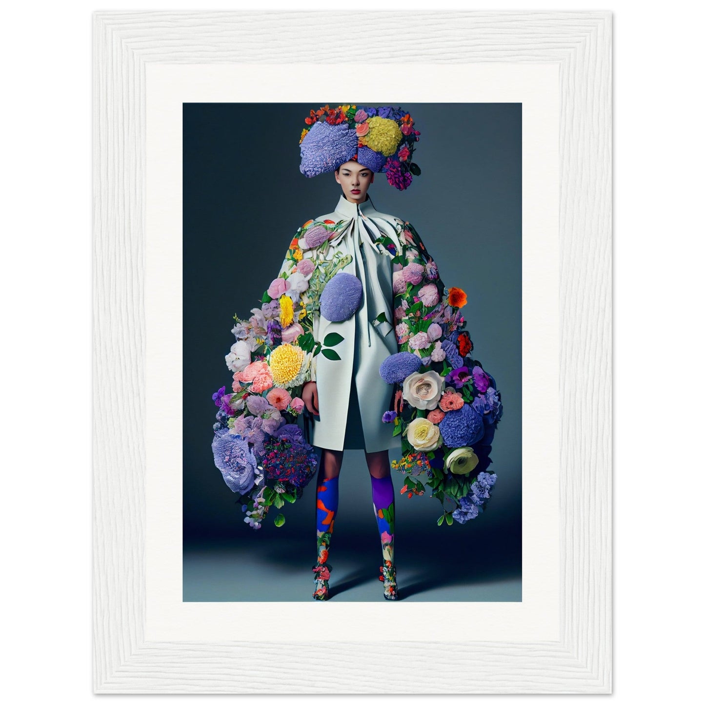 Fantastical fashion ensemble adorned with vibrant floral elements and a voluminous silhouette.