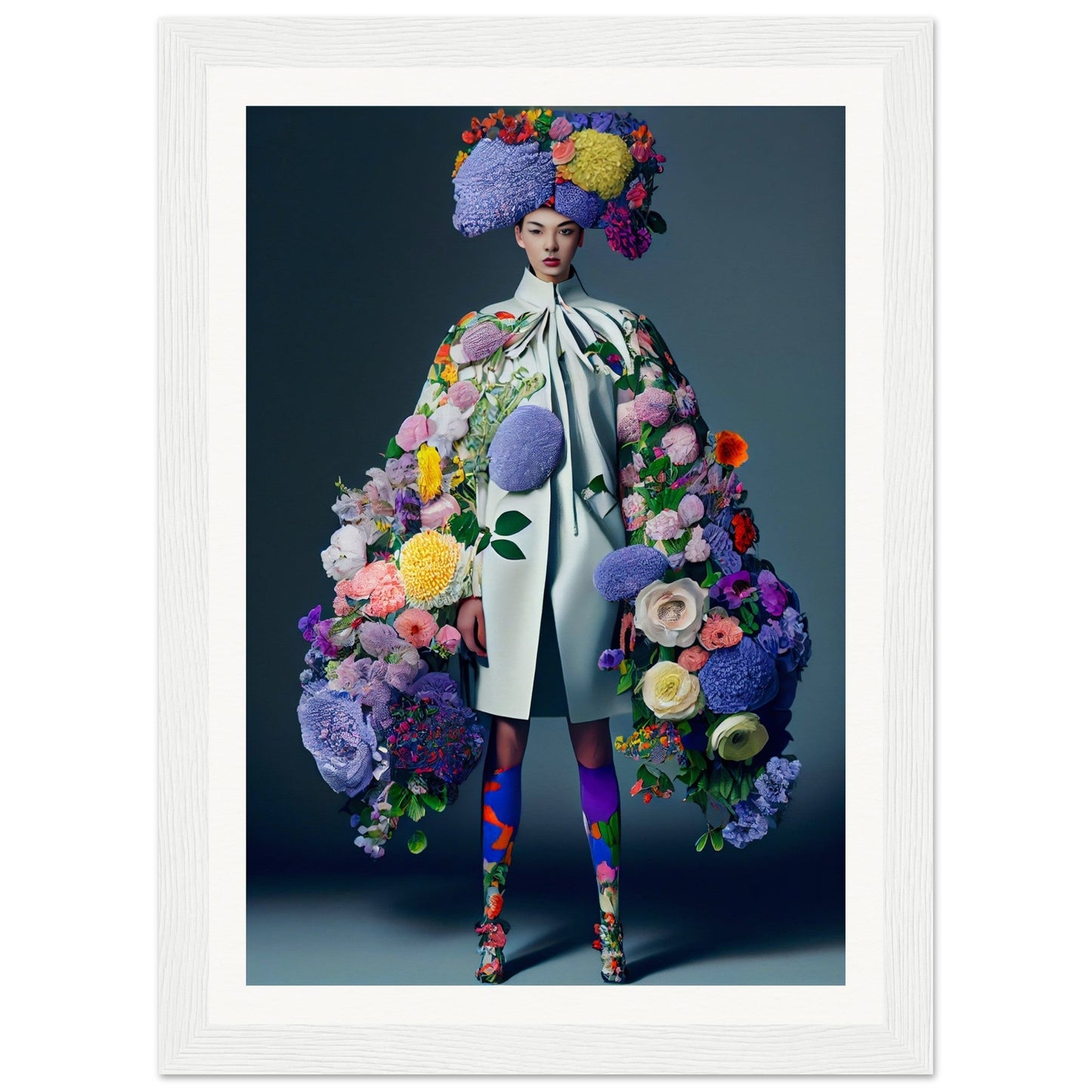 Elaborately dressed figure adorned with vibrant floral arrangements from head to toe.