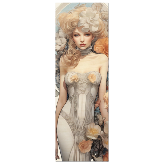 A Alphonse Mucha Wannabe Art Deco A Wood Prints with an image of a woman in a white dress - perfect fashion wall art to transform your space.