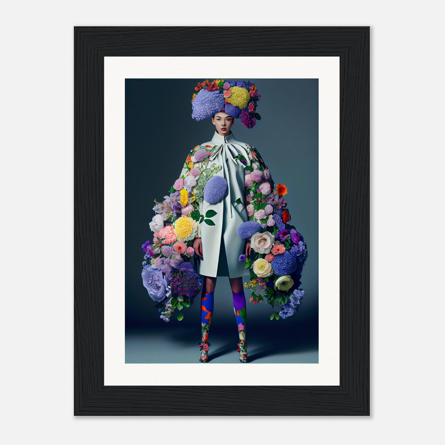 Avant-garde fashion ensemble adorned with vibrant floral arrangements and sculptural elements.