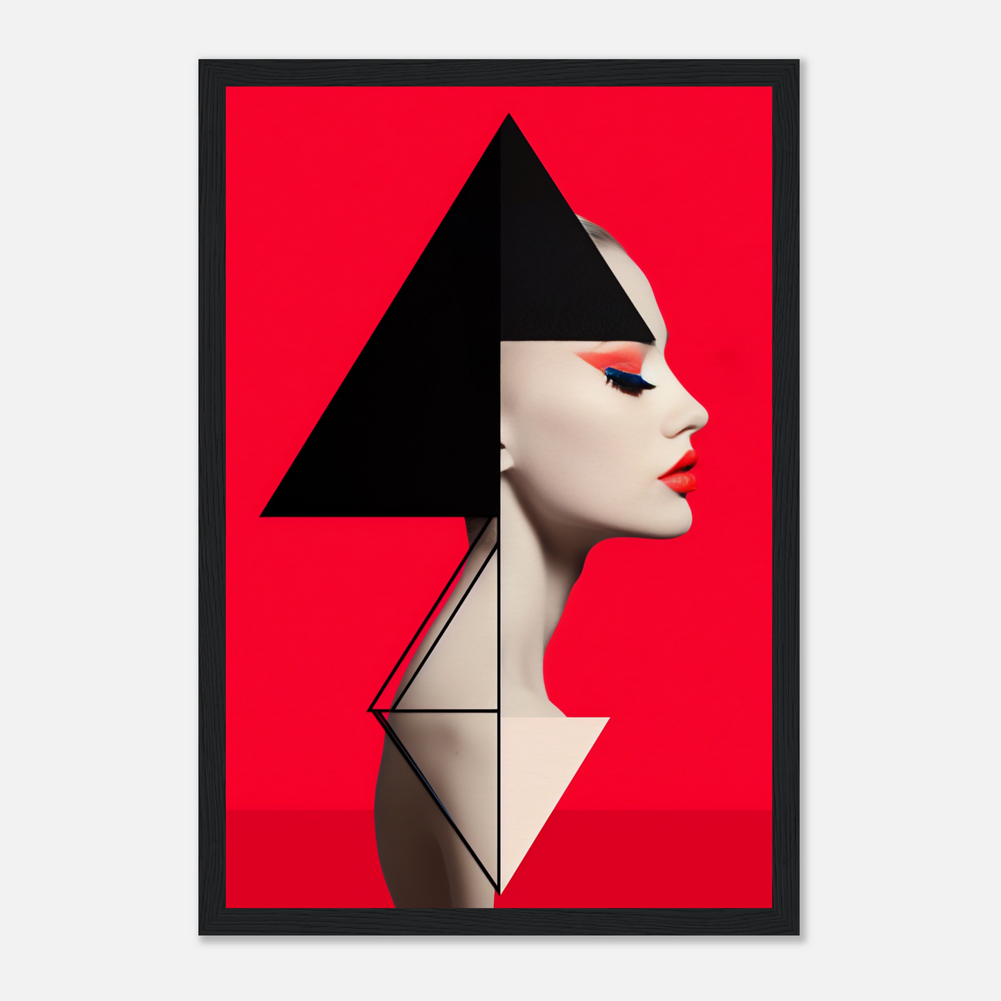 Profile portrait of a woman with geometric shapes overlaid, set against a vibrant red background.