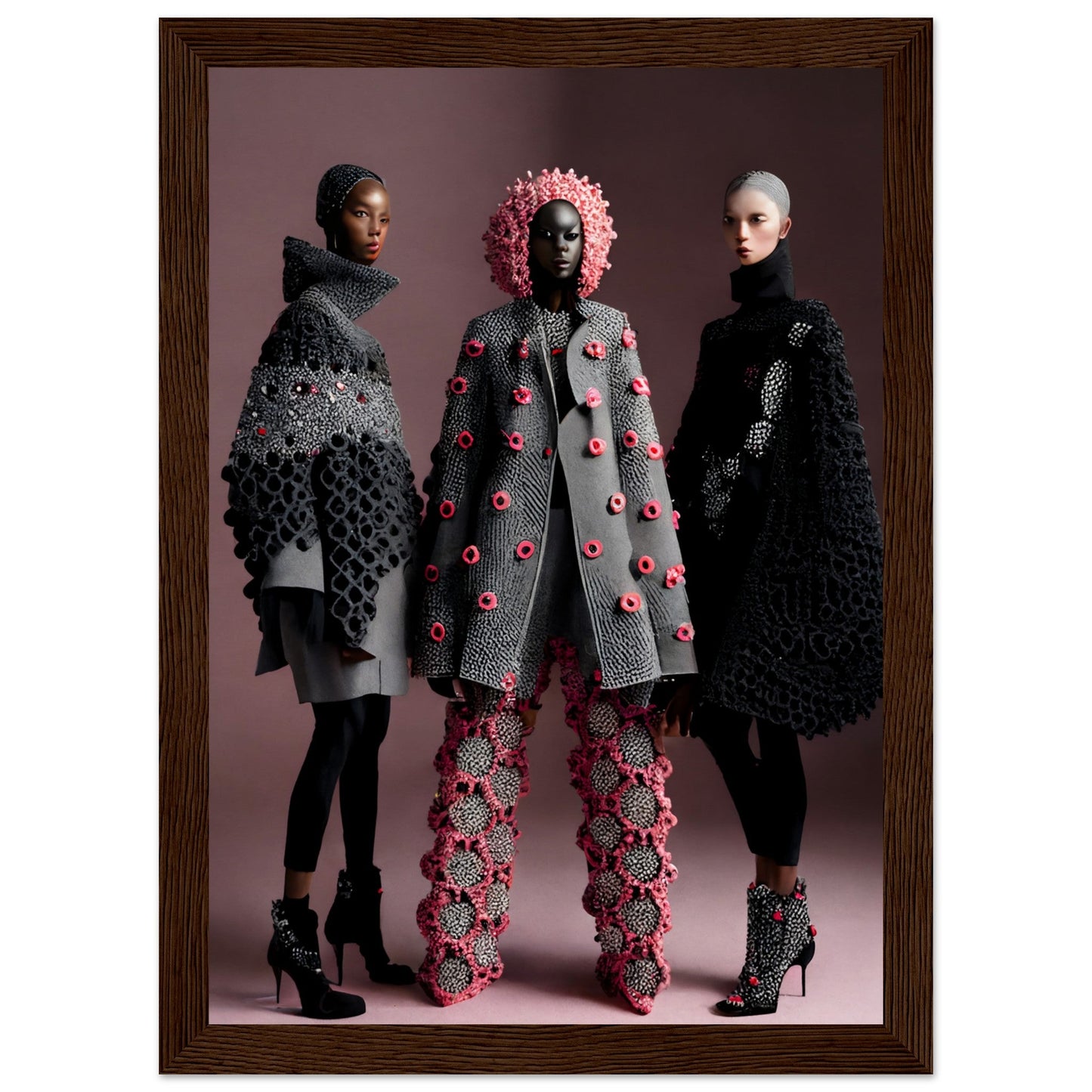 Three models are posing for high-quality Pinks And Greys Crochet Addicts The Oracle Windows™ Collection fashion wall art.