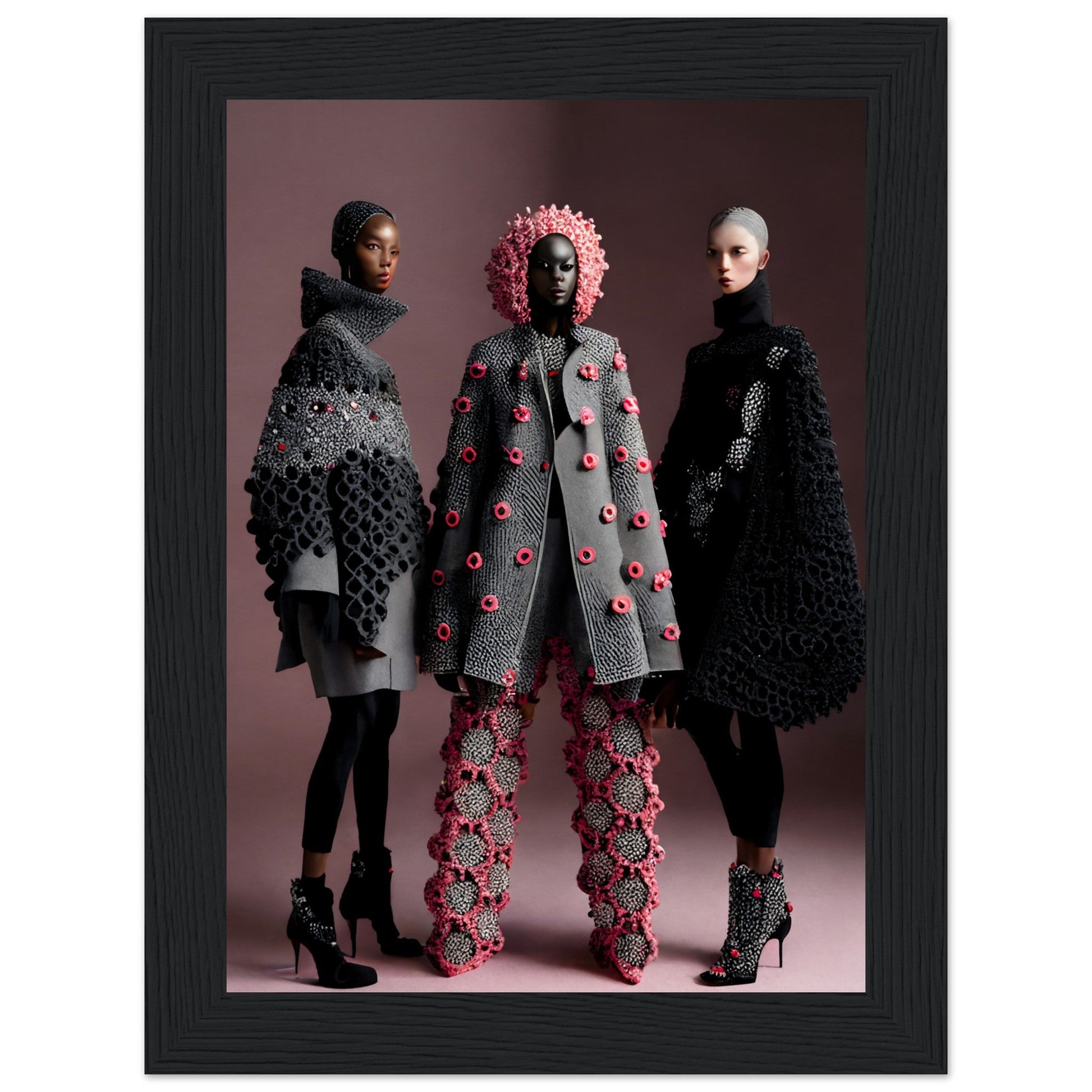 Three models are posing for high-quality Pinks And Greys Crochet Addicts The Oracle Windows™ Collection fashion wall art.