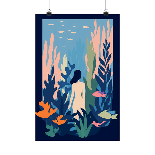 Stylized painting of a nude female figure surrounded by colorful underwater flora and fish.